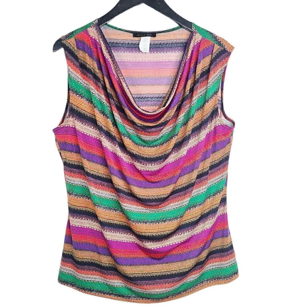 Jennie & Marlis Fun Green Orange Cowl Slinky Sleeveless Top USA